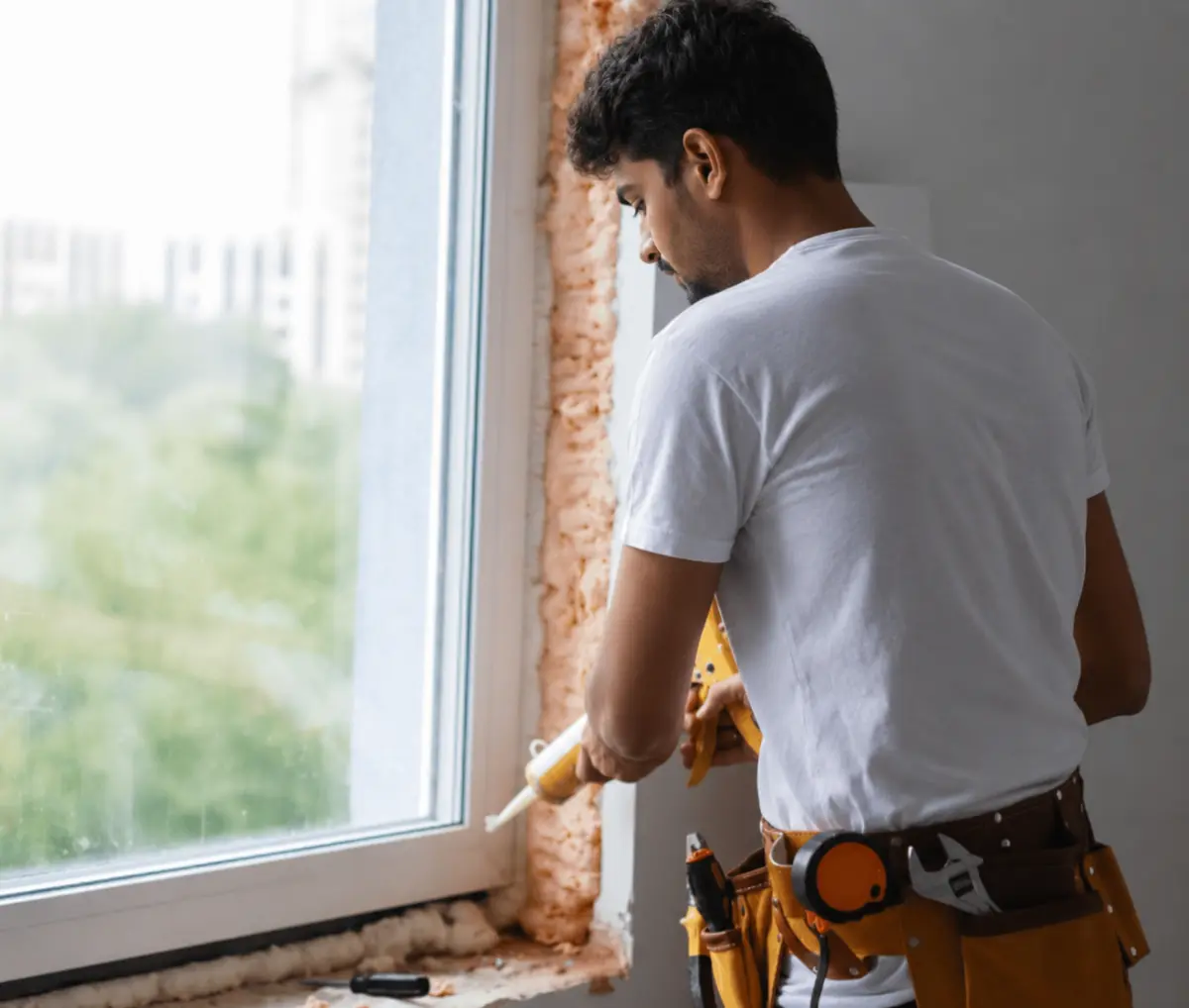 Sri Sarathi technician installing a UPVC window in Eluru