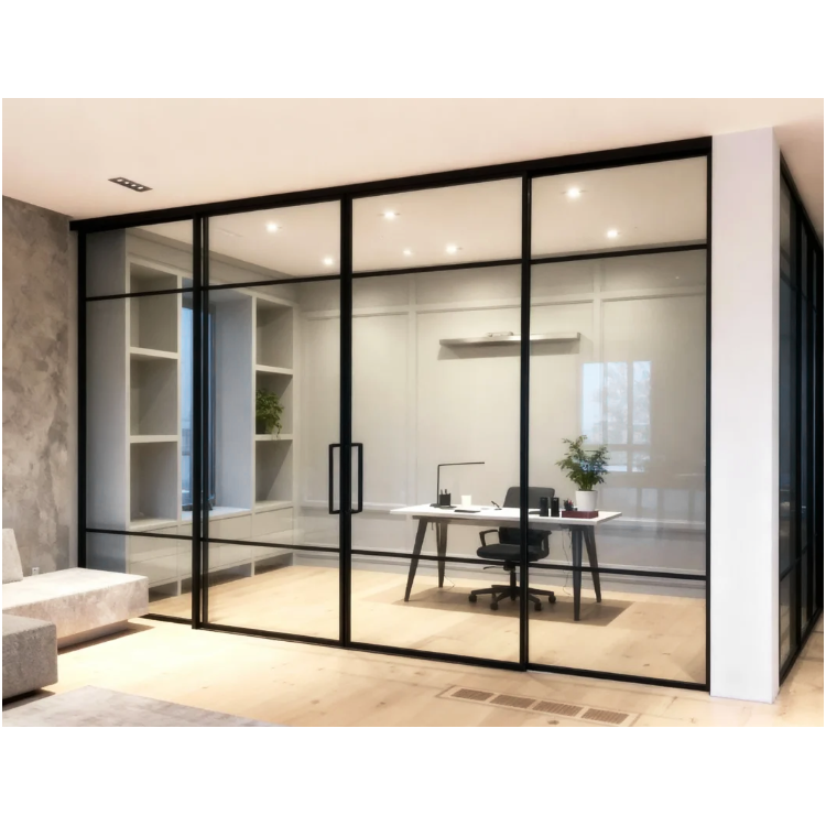 Black aluminium framed toughened glass office partition