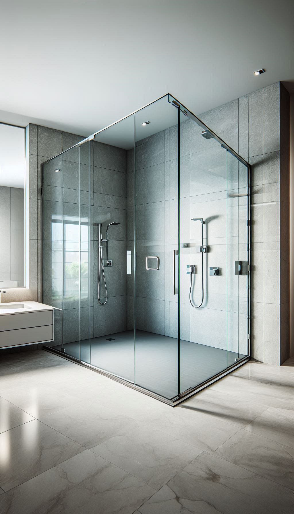 Frameless toughened glass shower enclosure in a modern bathroom