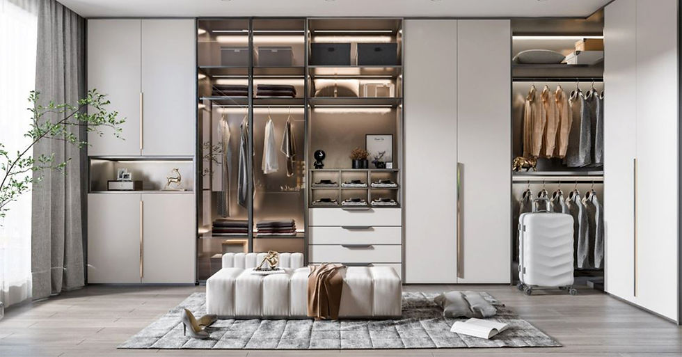 Luxury modular wardrobe with drawers and glass display sections