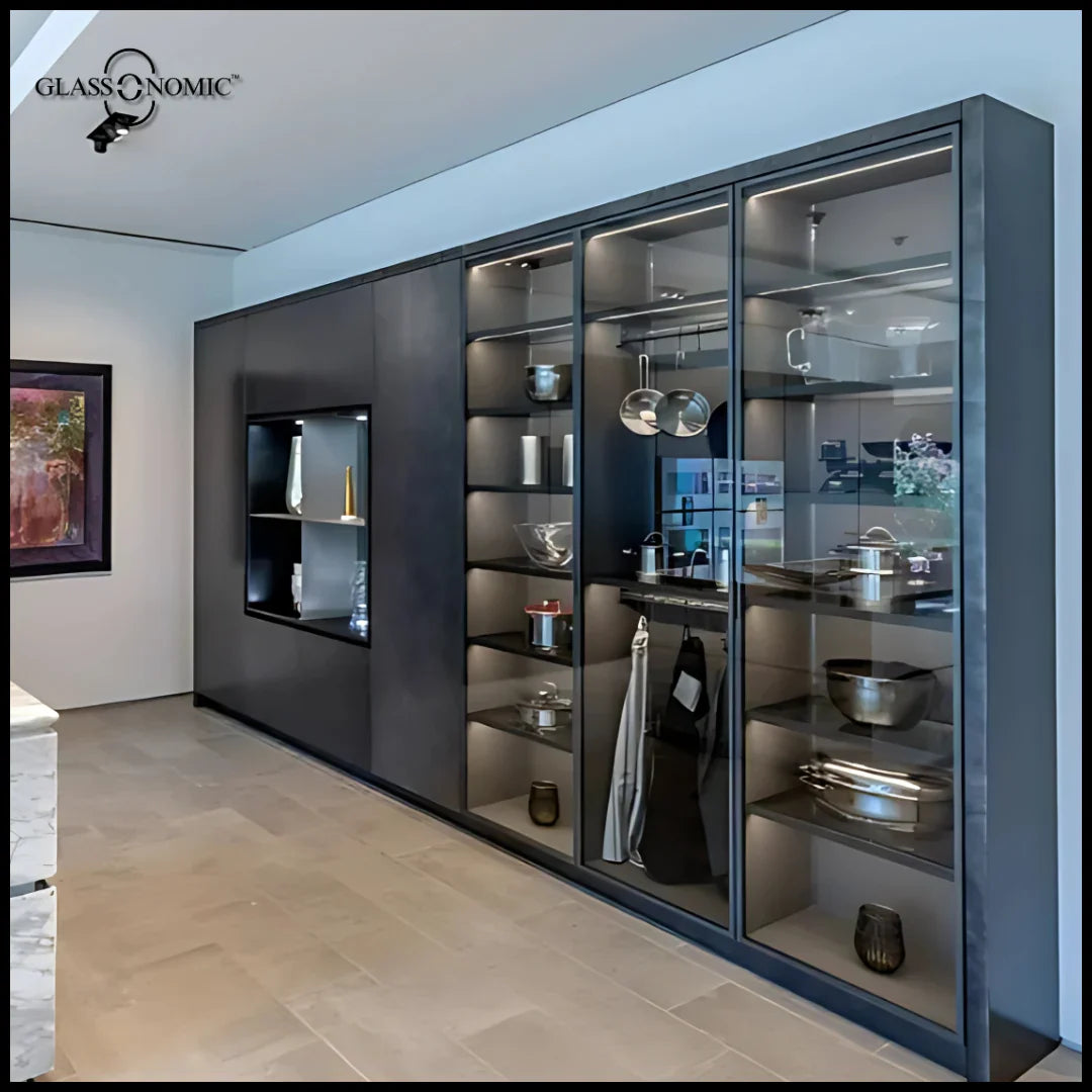 Dark aluminium profile cupboards with illuminated glass shutters