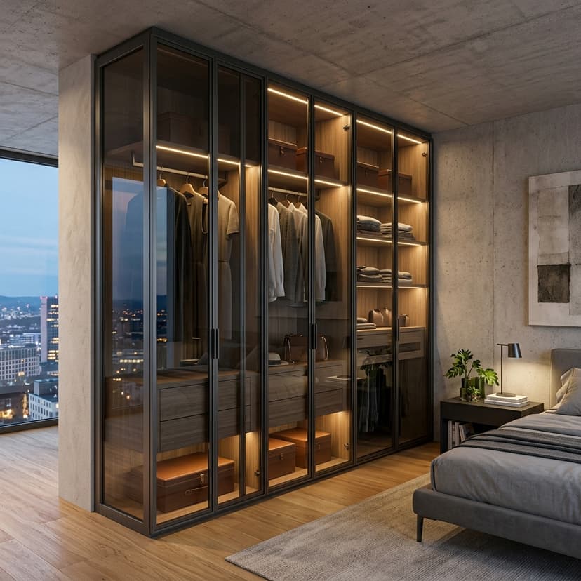 Aluminium profile wardrobe with tinted glass doors