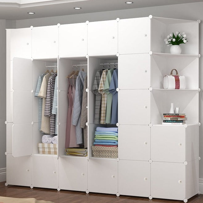White modular UPVC storage cupboard with open shelves